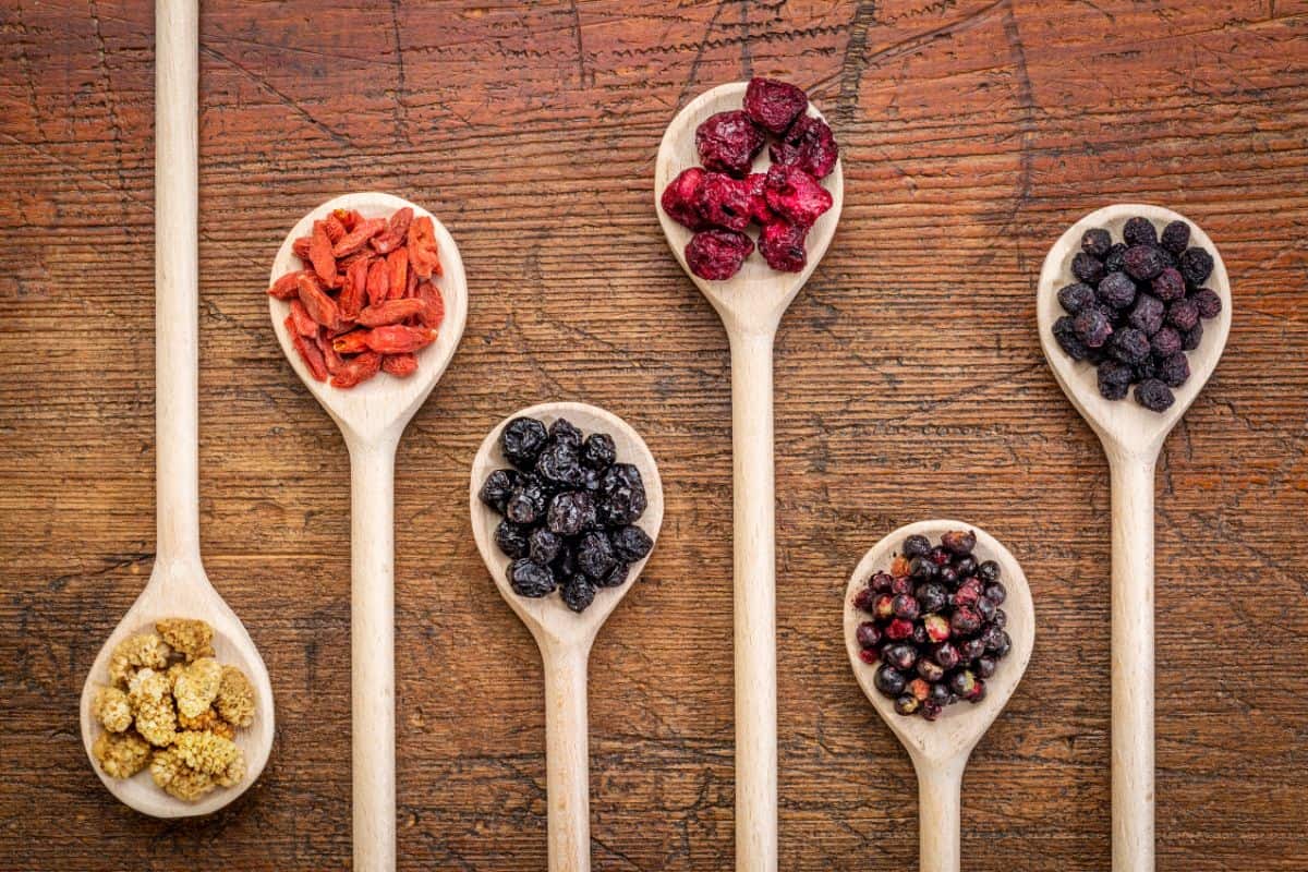 a photo of 5 wooden spoons with different types of dried superfruit berries in them.