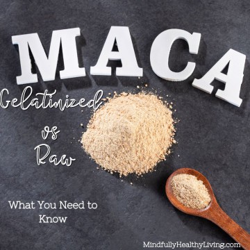 A grey background with All white 3-d capital letters that spell MACA in an arch. Next to it in white and black spliced cursive is Gelatinized vs Raw. AndUnder that in regular white print says what you need to know. MindfullyHealthyLiving.com at the bottom with a photo of pile of tan maca root powder next to a wooden spoon filled with maca powder.