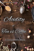 A pinterest optimized image of A decorative photo with a brown wood background with various dry loose leaf teas and coffee beans surrounding text overlay that reads mindfullyhealthyliving.com Acidity of Tea vs Coffee A comparative guide.