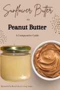A pinterest optimized photo of a tan and brown themed photo with a jar of sunflower seed butter and a bowl of peanut butter side by side. At the bottom says mindfullyhealthyliving.com. At the top in cursive says sunflower butter and beneath it in print it says vs peanut butter a comparative guide.