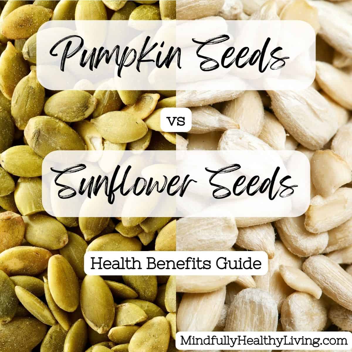a close up photo of pumpkin seeds and sunflower seeds side by side with text overlay that says pumpkin seeds vs sunflower seeds health benefits guide mindfullyhealthyliving.com