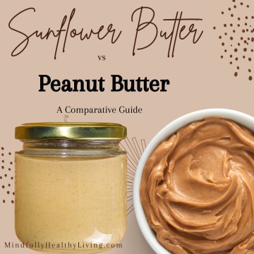 a tan and brown themed photo with a jar of sunflower seed butter and a bowl of peanut butter side by side. At the bottom says mindfullyhealthyliving.com. At the top in cursive says sunflower butter and beneath it in print it says vs peanut butter a comparative guide.