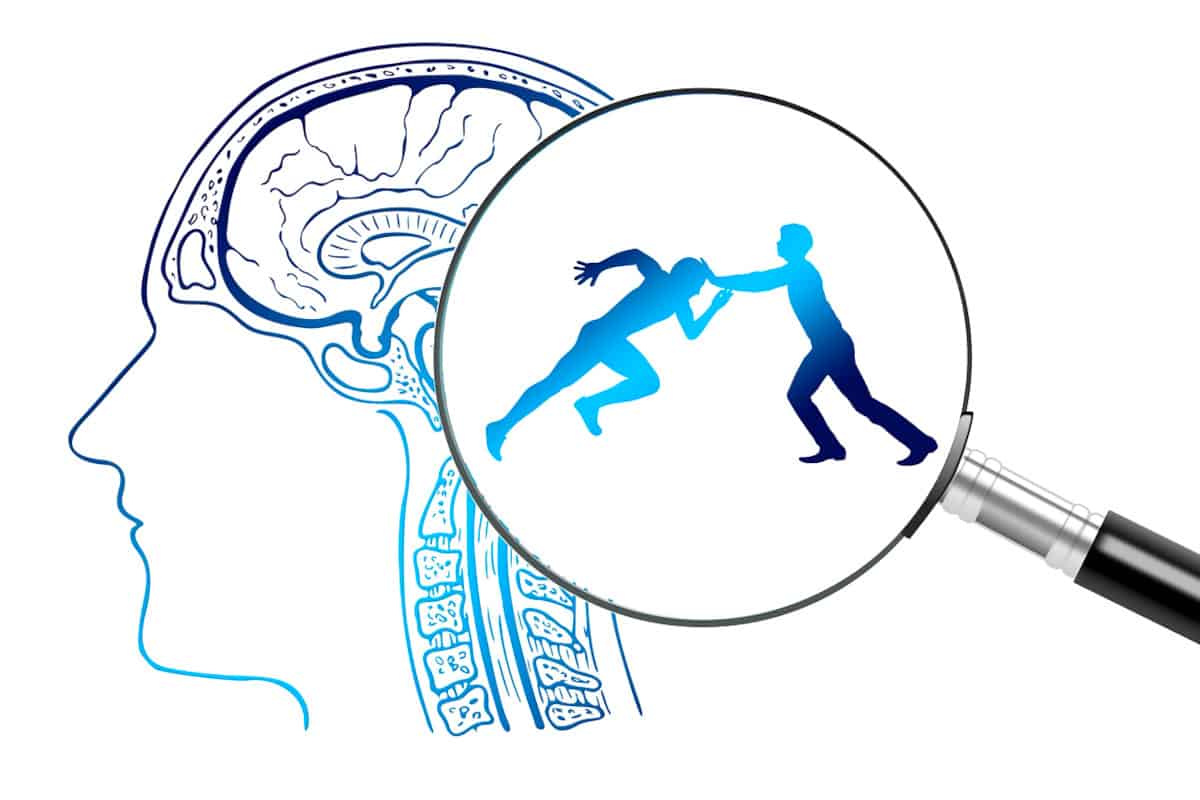 reprogram your thoughts illustration of a brain with a thought bubble of two figures one running toward the other ands the other stopping with a hand
