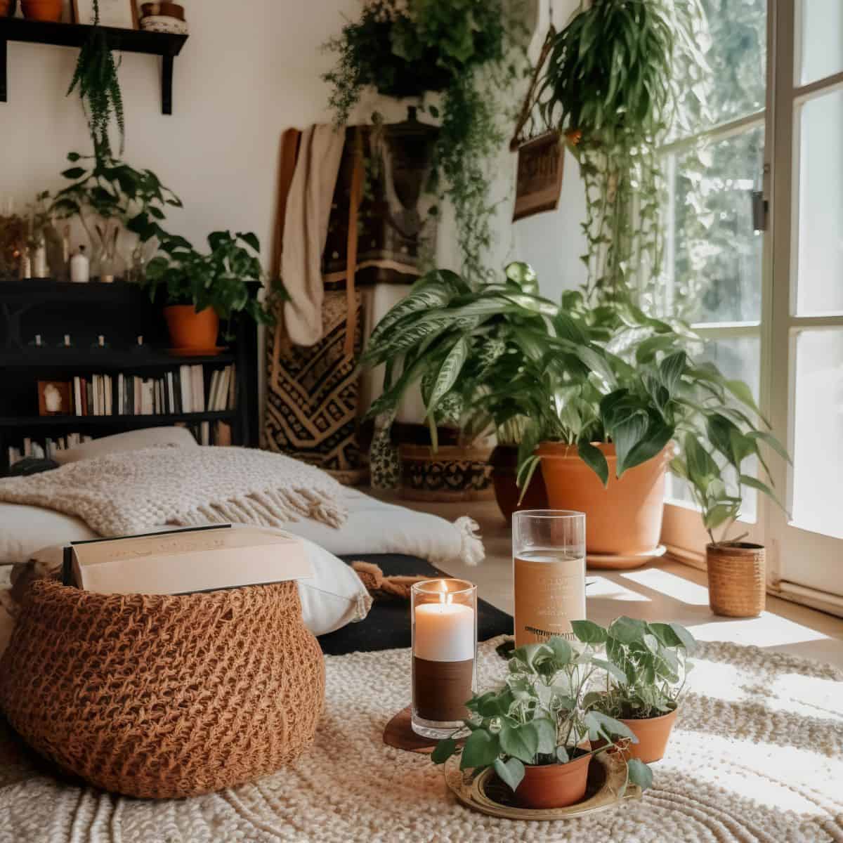 A bohemian style home with crochet rug and wicker table. on the rug are large decorative candles that are lit next to potted house plants on a dish. Surrounding the home are various houseplants of many different shapes and sizes with vines hanging around everywhere. It is a serenely green environment.
