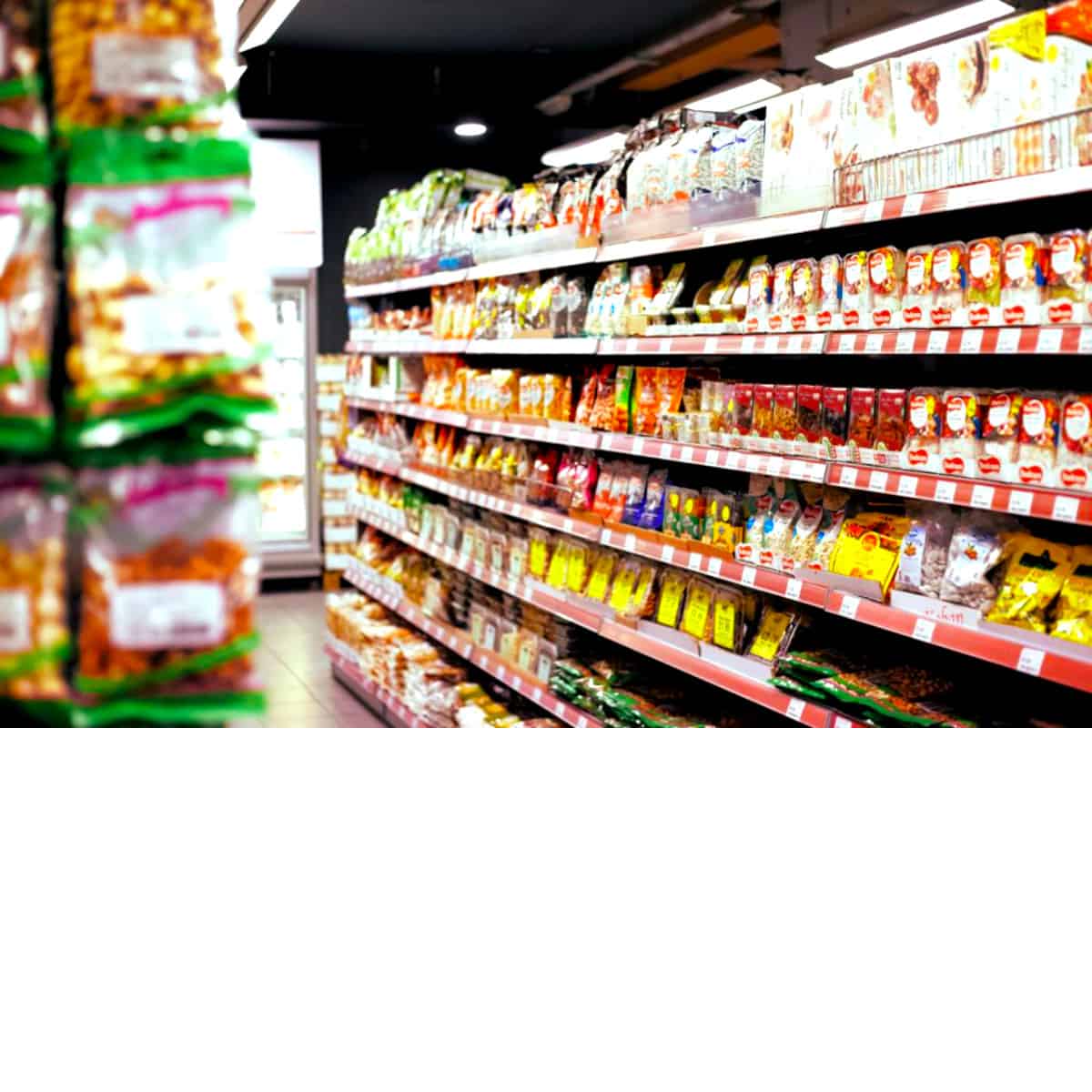 products on a shelf in a grocery store with ingredients to read