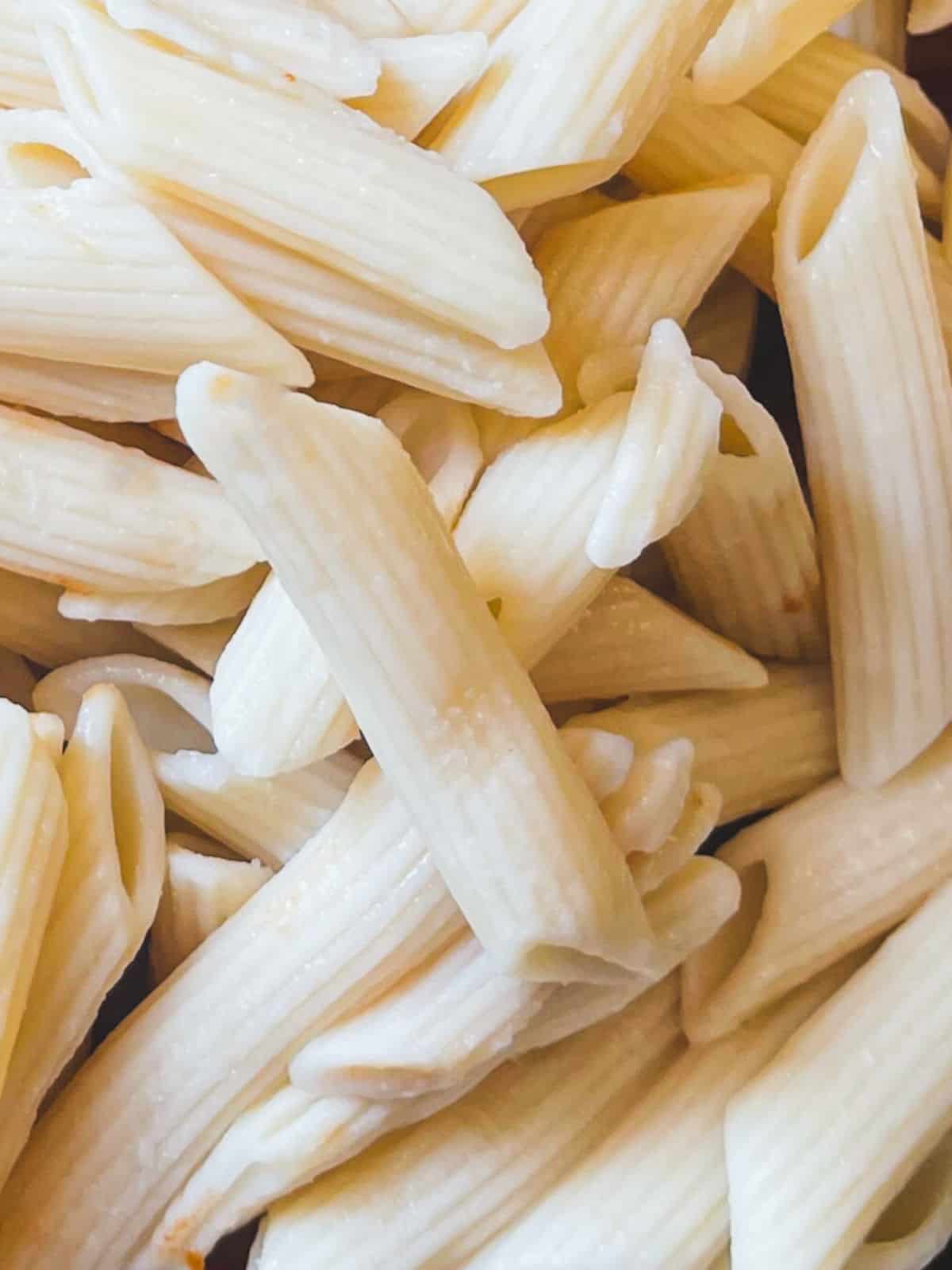 up close picture of cooked Banza penne pasta