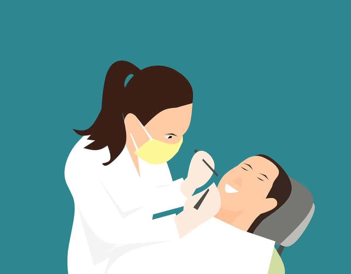 A teal background in a cartoon characters a woman dentist with a white jacket yellow face mask and brown pony tail using silver utensils to examine a man's teeth. the man is lying back in a dental chair with a white cover up to his chin
