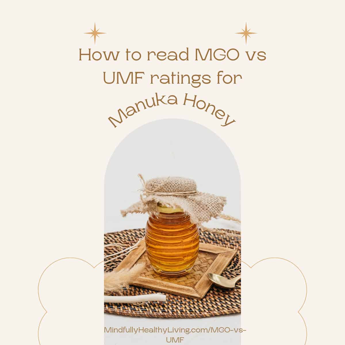 a light grey doorshaped grey outline on a cream background with a circular wooden woven placemat and a square wooden coaster with an oval jar of honey on top of it covered with a mesh burlap tied for a lip with a spoon in the left corner. above it reads How to read MGO vs UMF ratings for Manuka Honey. At the bottom it reads MindfullyHealthyLiving.com/MGO-vs-UMF