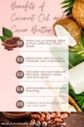 a pink background infographic with 5 transparent white rectangles with 5 circles over lapping the left side of them in brown with a white number in each. on the top left is a drawing of a cocoa bean and on the right side are photos of coconuts cracked open with decorative green leaves and bamboo scoop spoons with coconut oil on the spoons. at the bottom is a cropped photo of cocoa beans and a dark wicker basket on a dark wooden table ledge. The top has light brown cursive saying the Benefits of Coconut oil and cocoa butter. The #1 rectangle says gives you an energy spike without affecting insulin levels. #2 says moisturizes with vitamins minerals and antioxidants. #3 says Hydrates skin and reduces fine lines, stretch marks, and dark spots. #4 says antimicrobial and immune boosting #5 says Protects and nourishes skin hair and nails
