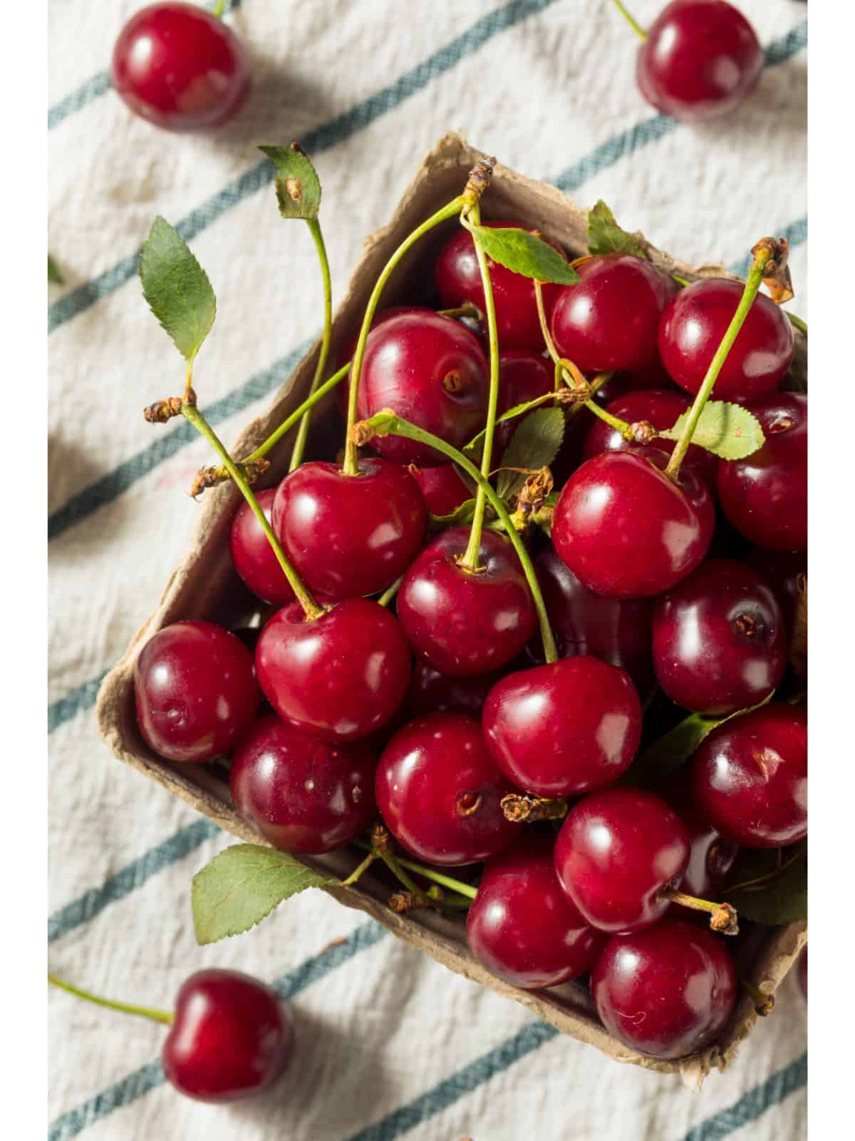 An up close view of red cherries on green stems in a brown square cardboard box on top of a white and blue striped kitchen towel