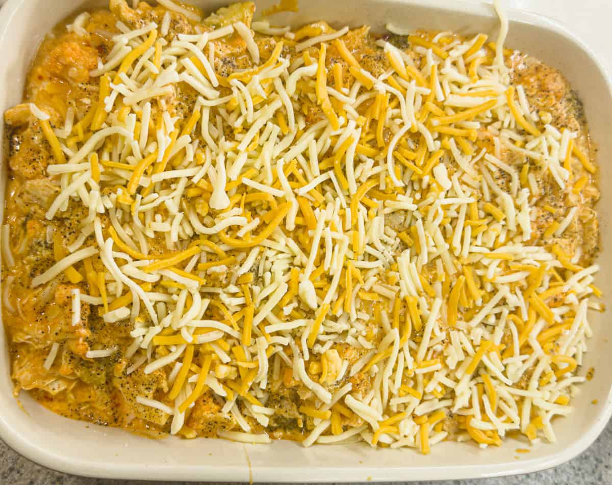 cream casserole dish close up with chicken broccoli mixture with freshly sprinkled cheese on top ready to go in the broiler