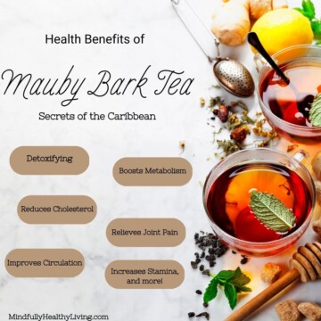 an infographic with a light marble background and a glass tea cup with red tea and one leaf in it surrounded by spices and herbs. At the top reads Health Benefits of Mauby Bark Tea Secrets of the Caribbean, and at the bottom reads mindfullyhealthyliving.com. In the middle are 5 oblong light brown bubbles with words in each. from top to bottom they read, Detoxifying, Boosts Metabolism, Reduces Cholesterol, Relieves Joint Pain, Improves Circulation, Increases Stamina, and more!