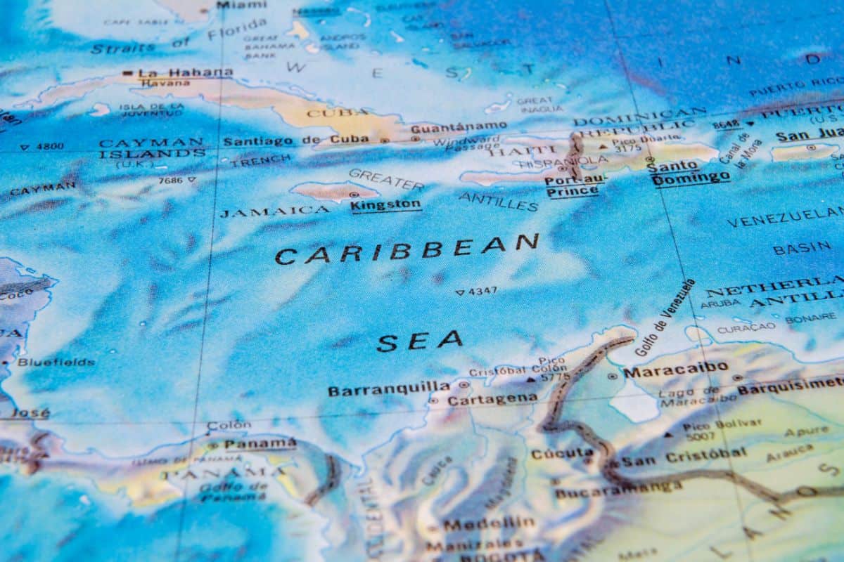 A zoomed in view of a brightly colored map showing the Caribbean sea