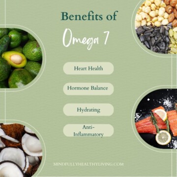 a green infographic with light green text at the bottom that says mindfullyhealthyliving.com in all caps. at the top reads benefits of in dark green print and omega 7 in cursive white. under is 4 oblong shape bubbles that say anti-inflammatory, hydrating, hormone balance, and heart heath. on either side is surrounded by photos of coconuts, salmon, avocado, and various nuts and seeds