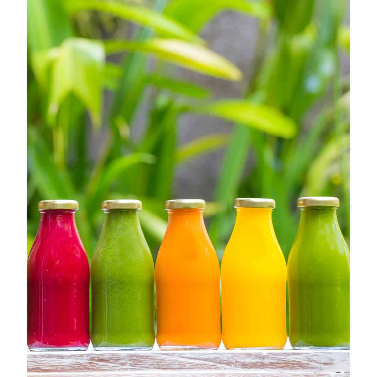 5 glass jars of juice in a row; red, light green, orange, yellow, and dark green with plants in the background