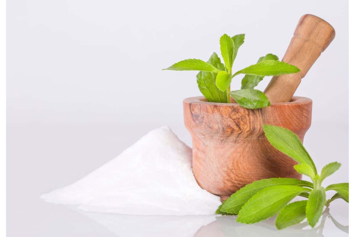 A light photo of a wooden jar with a pestle, a green leaf next to it with a pile of white powder indicating natural sweeteners like stevia