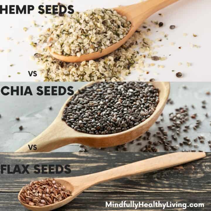 A photo with three separate photos stacked on top of each other each representing hemp seeds, chia seeds, and flax seeds. Each seed is on a different colored wooden table in a wooden spoon with the type of the corresponding name next to each. The hemp seeds at the top are light blond colored. Chia seeds are grey-colored. Flax seeds are amber-colored. At the bottom of the frame is MindfullyHealthyLiving.com in white text.