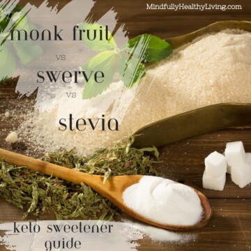 Two white transparent paint stripes with black print on top is written Monk Fruit vs Swerve vs Stevia Keto Sweetener Guide. On the top right in white print says mindfullyhealthyliving.com. all on top of a decorative photo of monk fruit powder in a wooden spoon, swerve granules in a large scoop, and dried stevia leaves all sitting next to sugar cubes on a wooden table.