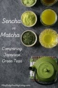 A graphic with a green Japanese tea kettle on a brown white and green placemat. above it is a ramekin with sencha green tea leaves and a clear glass of light colored sencha tea. Above that are two different shades of green powder next to two different shades of matcha green tea. To the left, with a grey background reads script in white lettering. It says, Sencha vs Matcha Comparing Japanese Green Teas. At the bottom says mindfullyhealthyliving.com