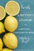 A pinterest optimized image of a blue background with a group of whole lemons on the left. On the right is white text overlay that says Fresh lemon juice vs lemon concentrate which is best? mindfullyhealthyliving.com