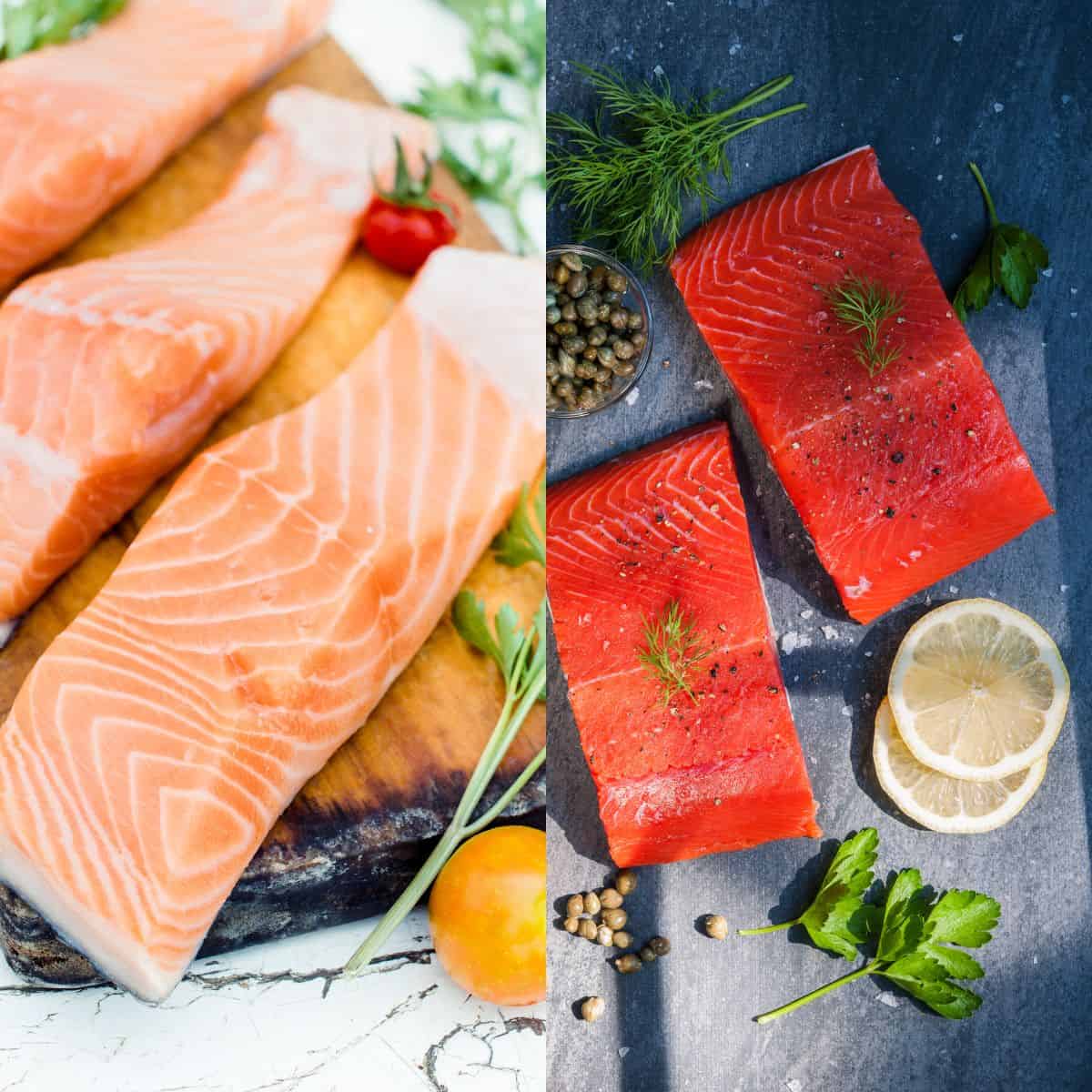 a side-by-side photo comparison of a light pale pink salmon fillet set with wide stripes and on the right is a very dark pink almost red with stripes close together. Clearly you can see the difference in quality by the vibrancy of the meat, making wild-caught the better option.