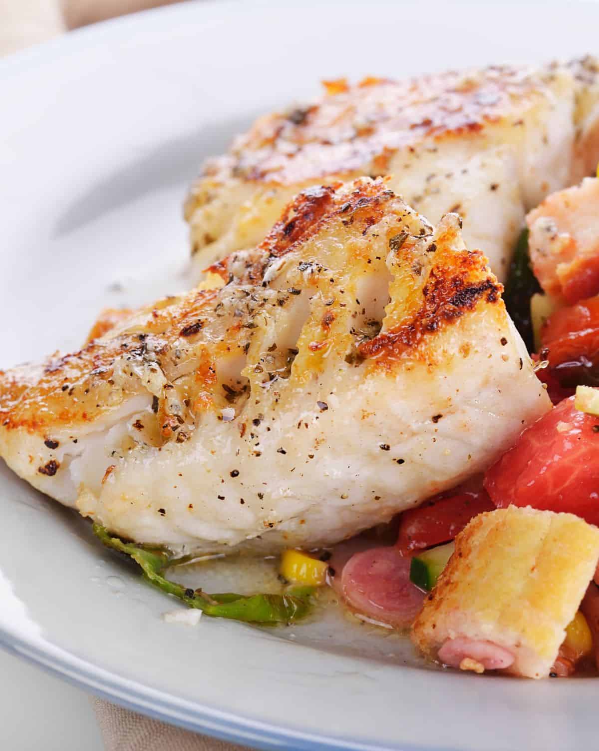A close-up photo of seasoned and grilled mahi mahi on a white plate with vegetables.