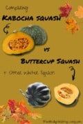 A Pinterest-optimized image of A gold background with fall leaves in the corners and two photos in the opposite corners representing kabocha and buttercup squash. Text overlay says Comparing kabocha squash and buttercup squash plus other winter squash mindfullyhealthyliving.com