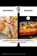 A black background with white rounded squares with a photo of mahi and salmon, one in each of the two next to each other. Text says Mahi Mahi vs salmon comparing nutrition, benefits, taste, and more mindfullyhealthyliving.com