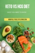 A Pinterest optimized image of A green backdrop with various clean high fat foods like salmon, nuts, spices, avocado, seeds and eggs with white text overlay that says keto vs hgc diet what you need to know mindfullyhealthyliving.com