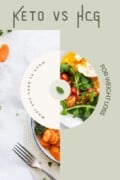 A half of a photo of a plate with healthy foods a fork with a tan backdrop and a decorative round circle in the middle with a salad on one side and text around it. At the top says keto vs hcg what you need to know for weight loss.