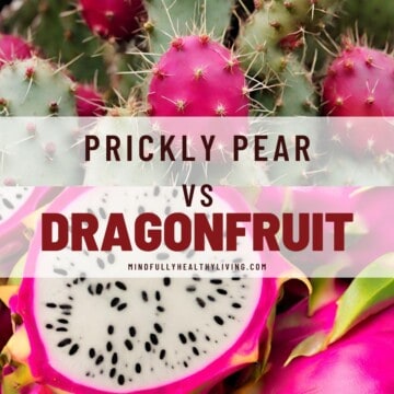 Two photos one on top of the other. on top is a photo of prickly pear fruit and cactus and on the bottom is a pink dragon fruit cut open. A text overlay says prickly pear vs dragon fruit mindfullyhealthyliving.com