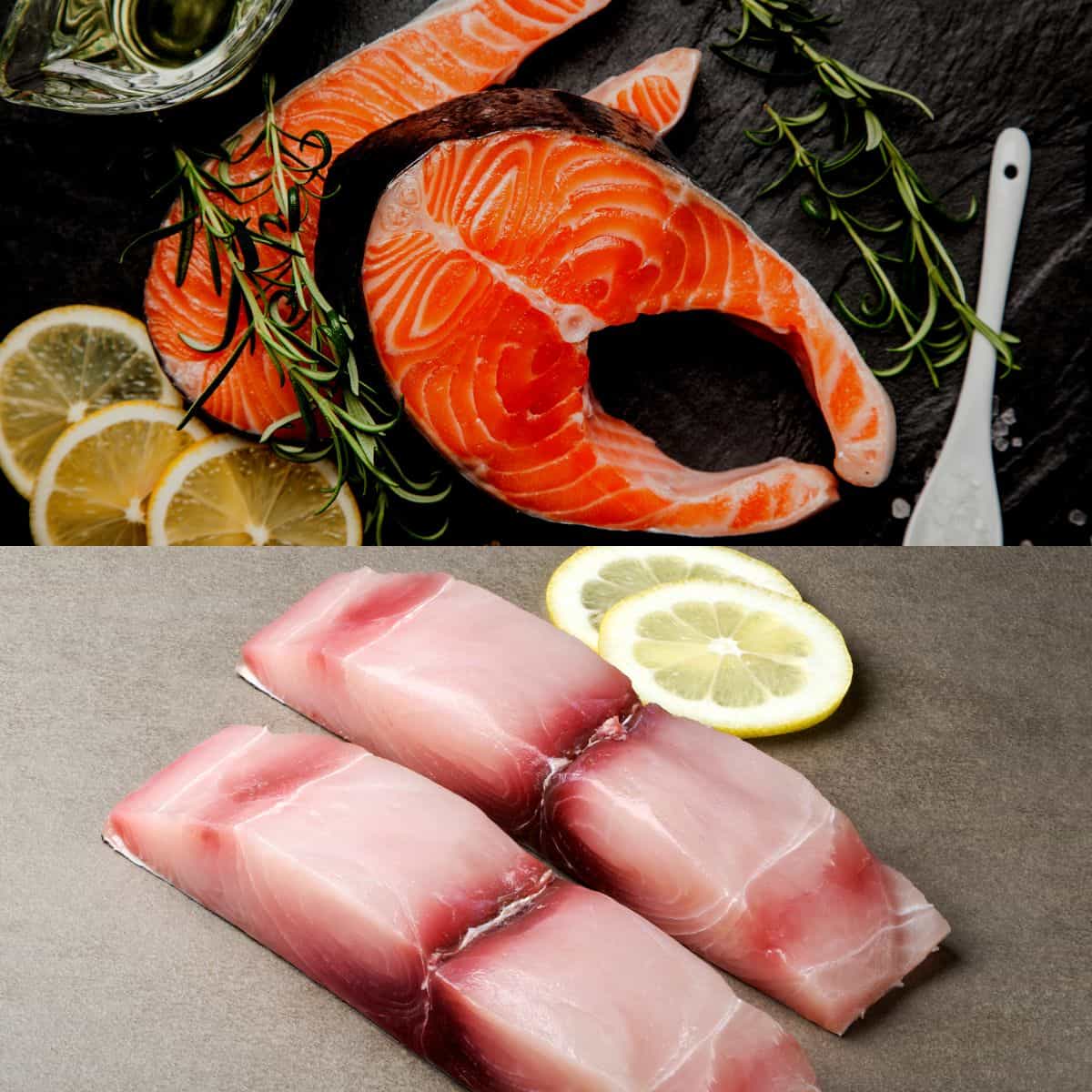 Two photos one on top of the other. On the top is a photo of raw wild-caught salmon and on the bottom are raw wild-caught Mahi Mahi fillets with lemon slices around them.
