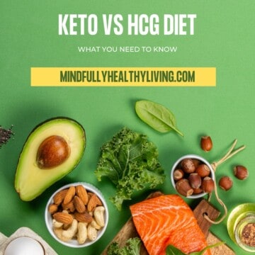 A green backdrop with various clean high fat foods like salmon, nuts, spices, avocado, seeds, with white text overlay that says keto vs hgc diet what you need to know mindfullyhealthyliving.com
