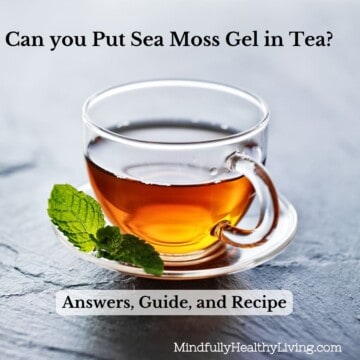 A clear cup of amber-colored tea with a mint leaf on a saucer and text overlay that says can you put sea moss gel in tea answers guide and recipe mindfullyhealthyliving.com