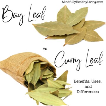 A photo of a pile of dried bay leaves and a satchel of dried curry leaves with text overlay that says Bay leaf vs curry leaf benefits, uses, and differences mindfullyhealthyliving.com