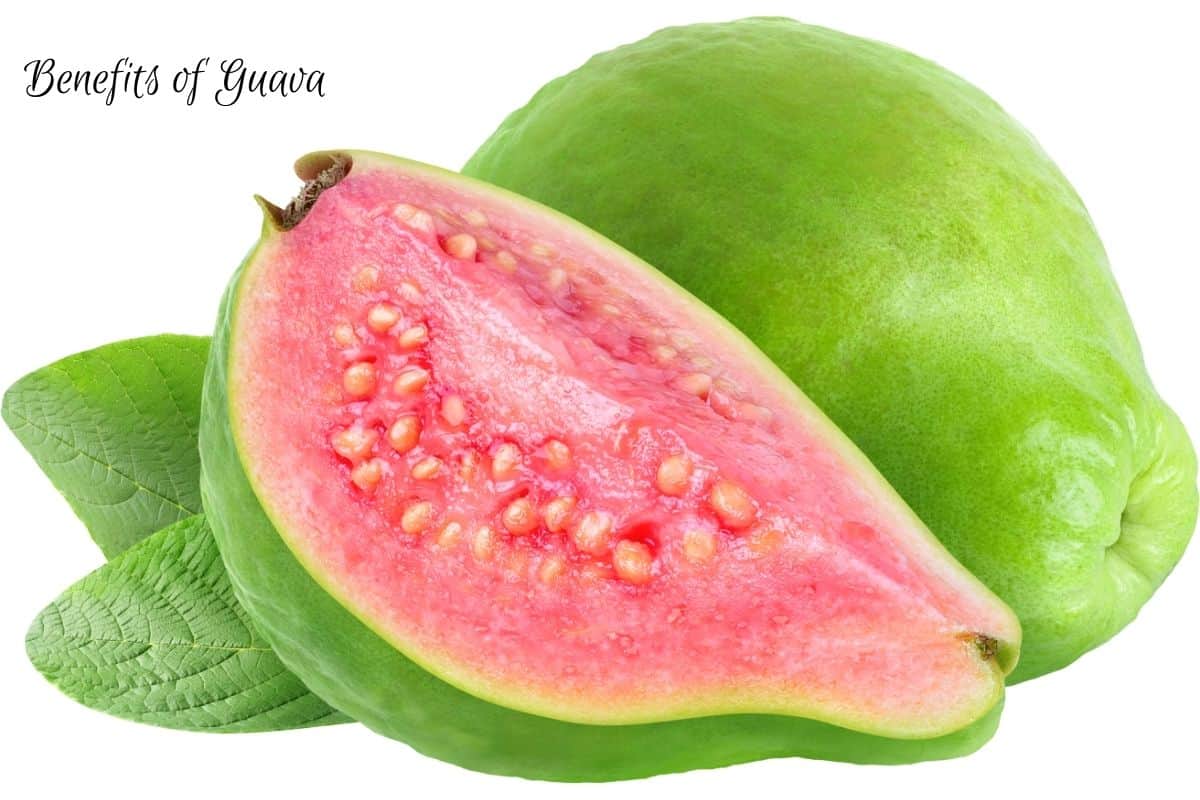 A green guava with bright pink flesh and yellow seeds. At the top says "benefits of guava"