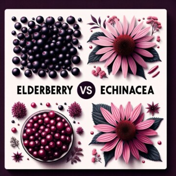 Elderberry vs Echinacea is written in the middle and surrounding it is 4 photos of two different elderberry bowls and two different echinacea flowers.