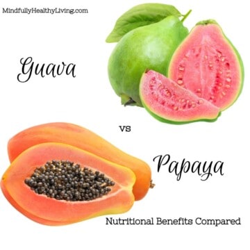 The white background has papaya cut open in the bottom left and guava cut open in the top right with text down the middle that starts at the top and says "mindfullyhealthyliving.com guava vs papaya nutritional benefits compared."