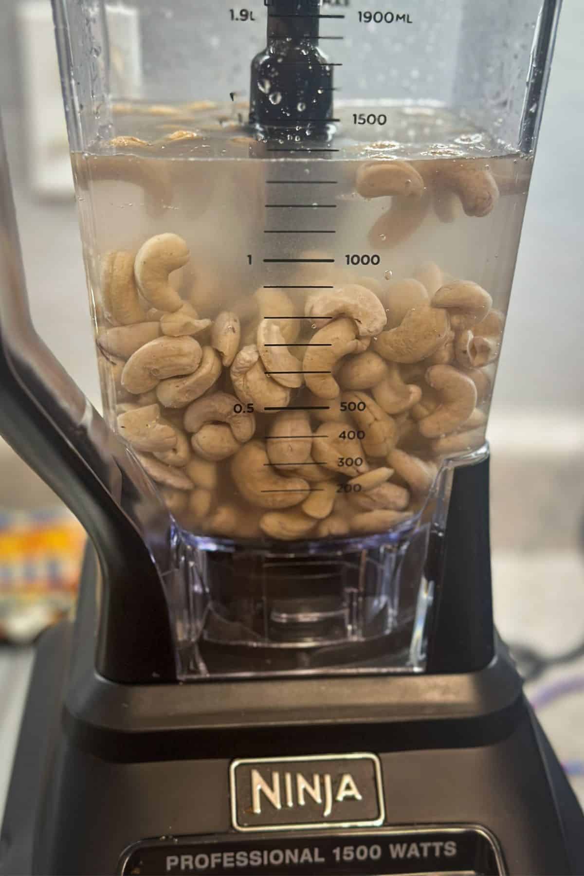 A ninja blender with cashews at the bottom of it and filled halfway with water ready for the first blend.