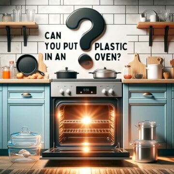 An informative photo questioning 'Can You Put Plastic in an Oven?' depicted with a question mark above a lit oven, surrounded by alternative cookware options