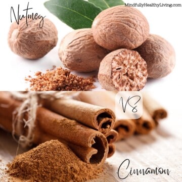 Whole nutmeg and ground nutmeg on one side, cinnamon sticks and ground cinnamon on the other.