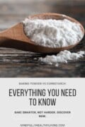 A promotional image with a wooden spoon full of white powder, text overlay reads "BAKING POWDER VS CORNSTARCH: EVERYTHING YOU NEED TO KNOW."