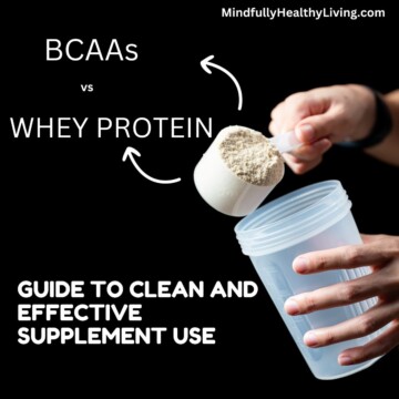 Graphic with a scoop of powder being poured into a shaker bottle, labeled with arrows pointing to 'BCAAs' and 'WHEY PROTEIN' and text for a guide to clean supplement use at MindfullyHealthyLiving.com.