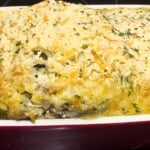 Creamy keto chicken and cauliflower rice casserole in a serving dish, ready to enjoy.