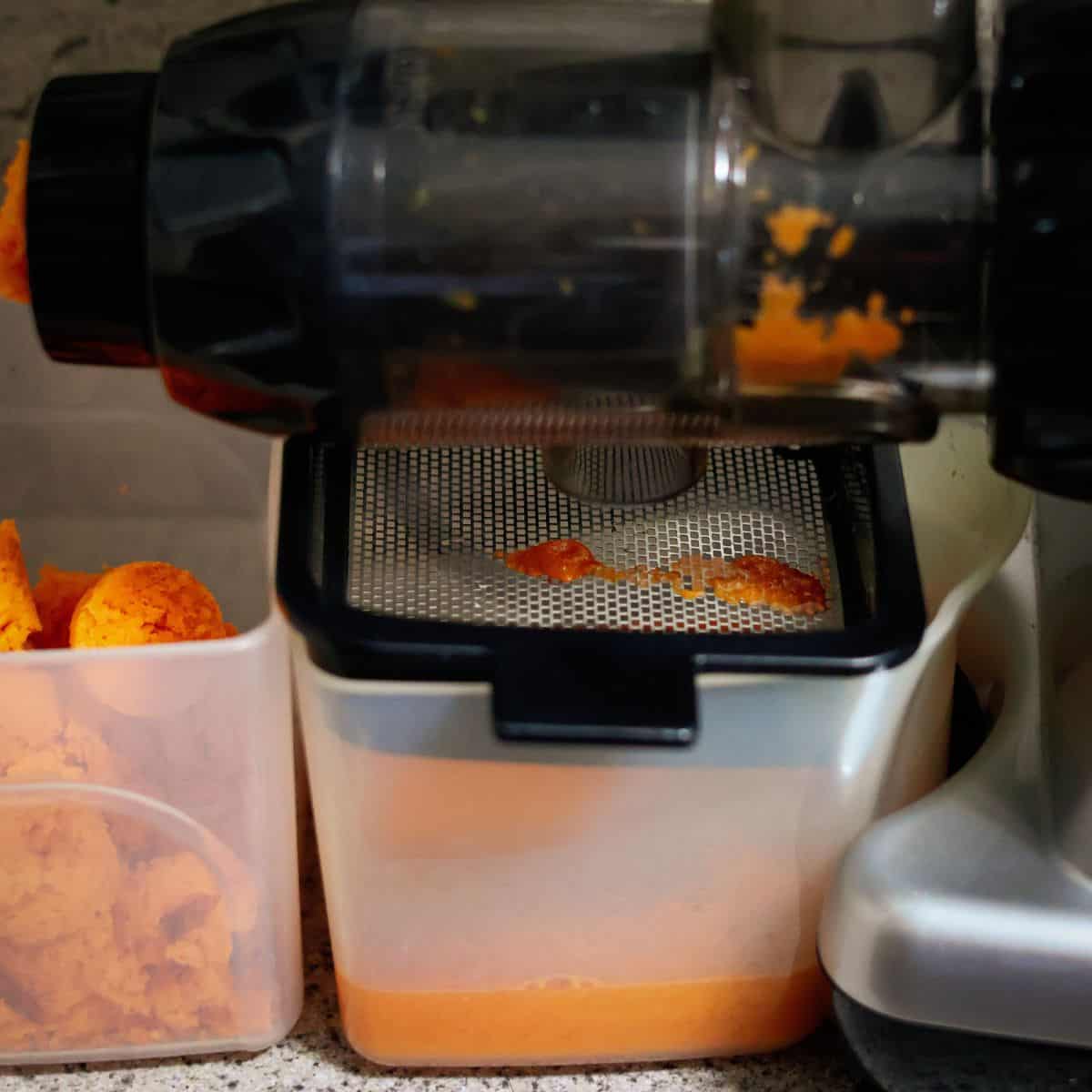 The juicing process in progress, capturing orange-hued sweet potato and carrot pulp being expelled from the juicer while the freshly extracted juice collects in the transparent container below.