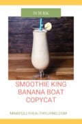 Finished Banana Boat Smoothie in a glass, featuring the blog's website address for the recipe.