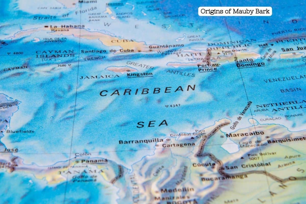 A brightly colored map showing the Caribbean sea.