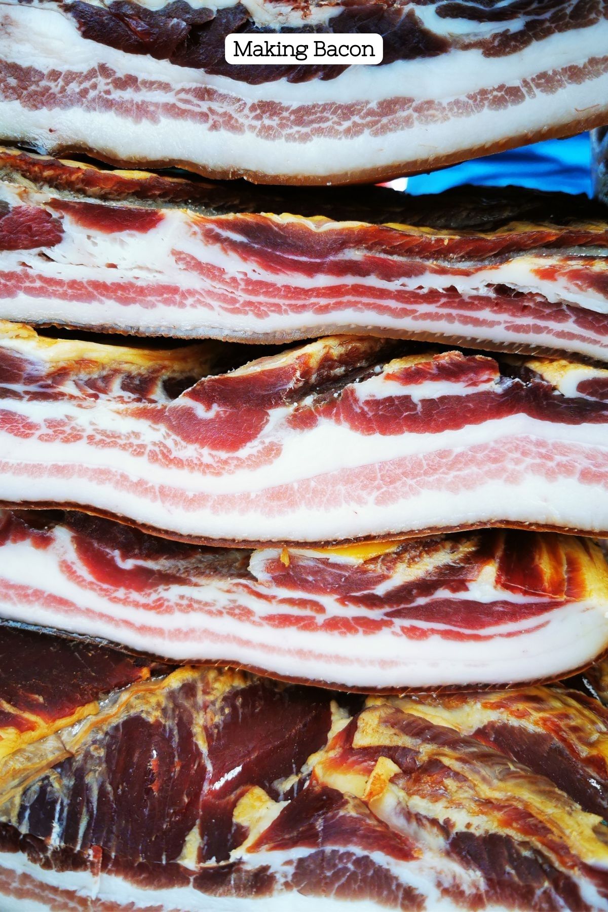 A stack of several strips of bacon with various colors from top to bottom slightly separated.