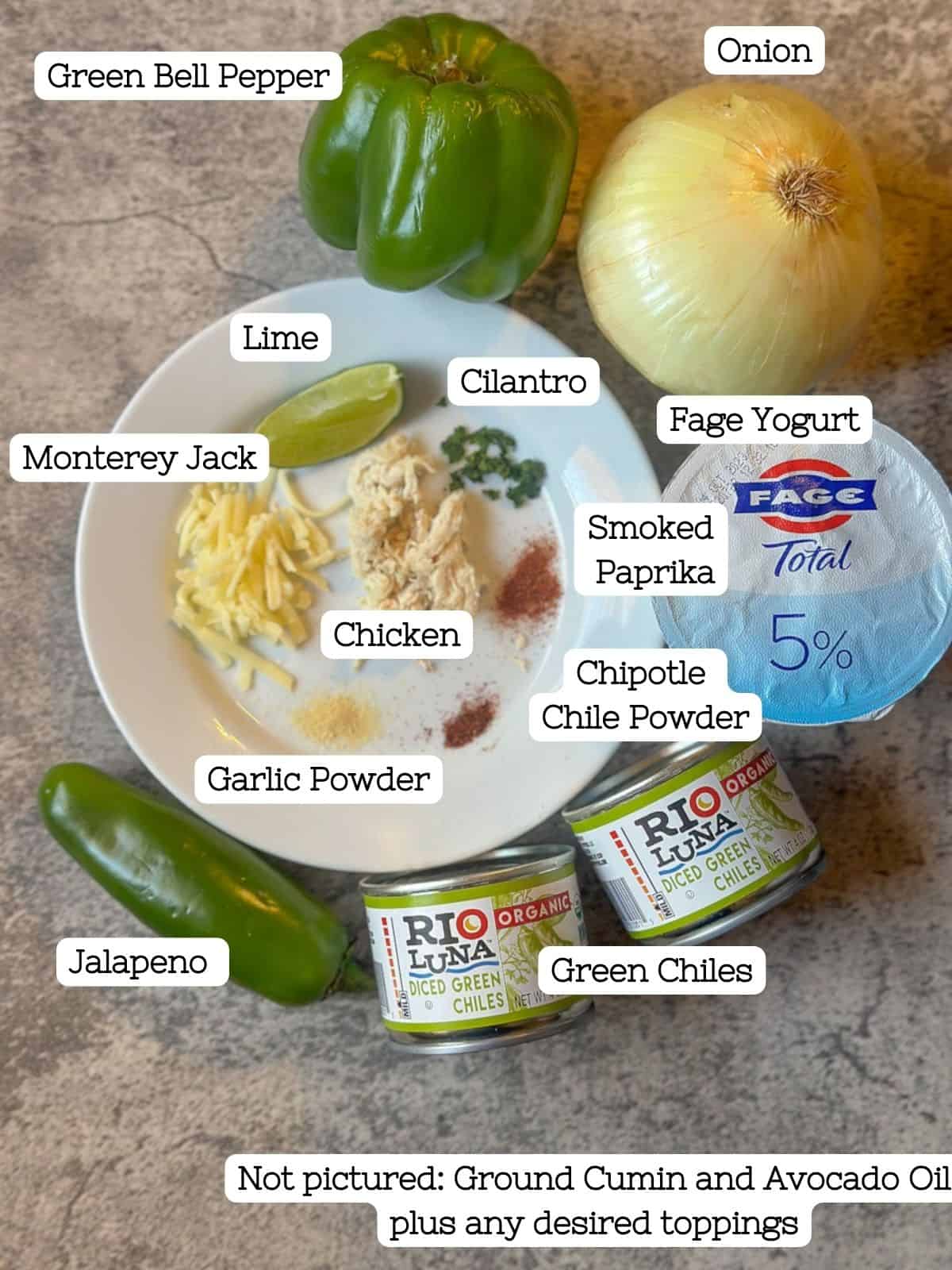Ingredients on display for green chile chicken casserole.