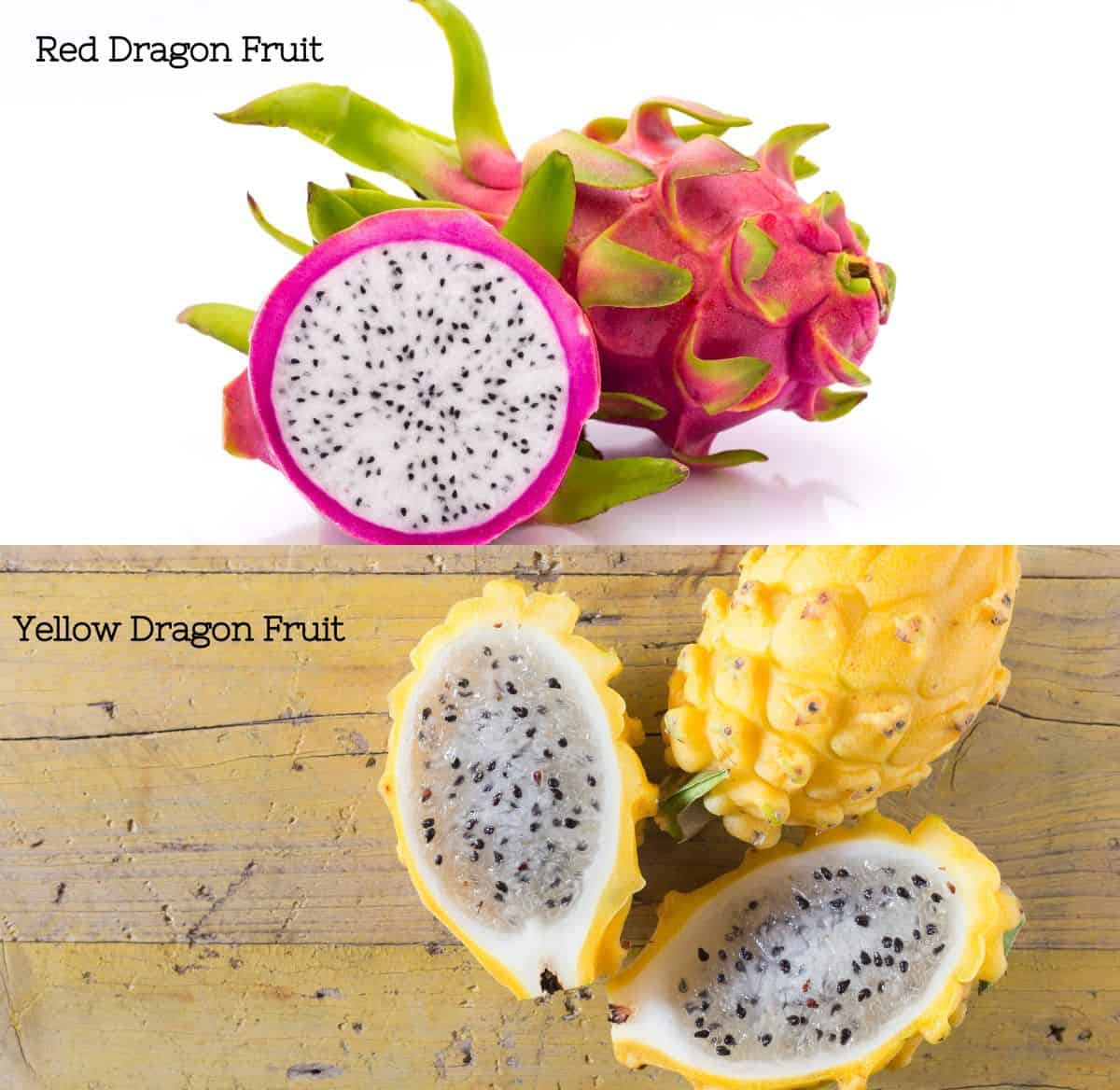 A split screen comparing red and yellow dragon fruit side by side.